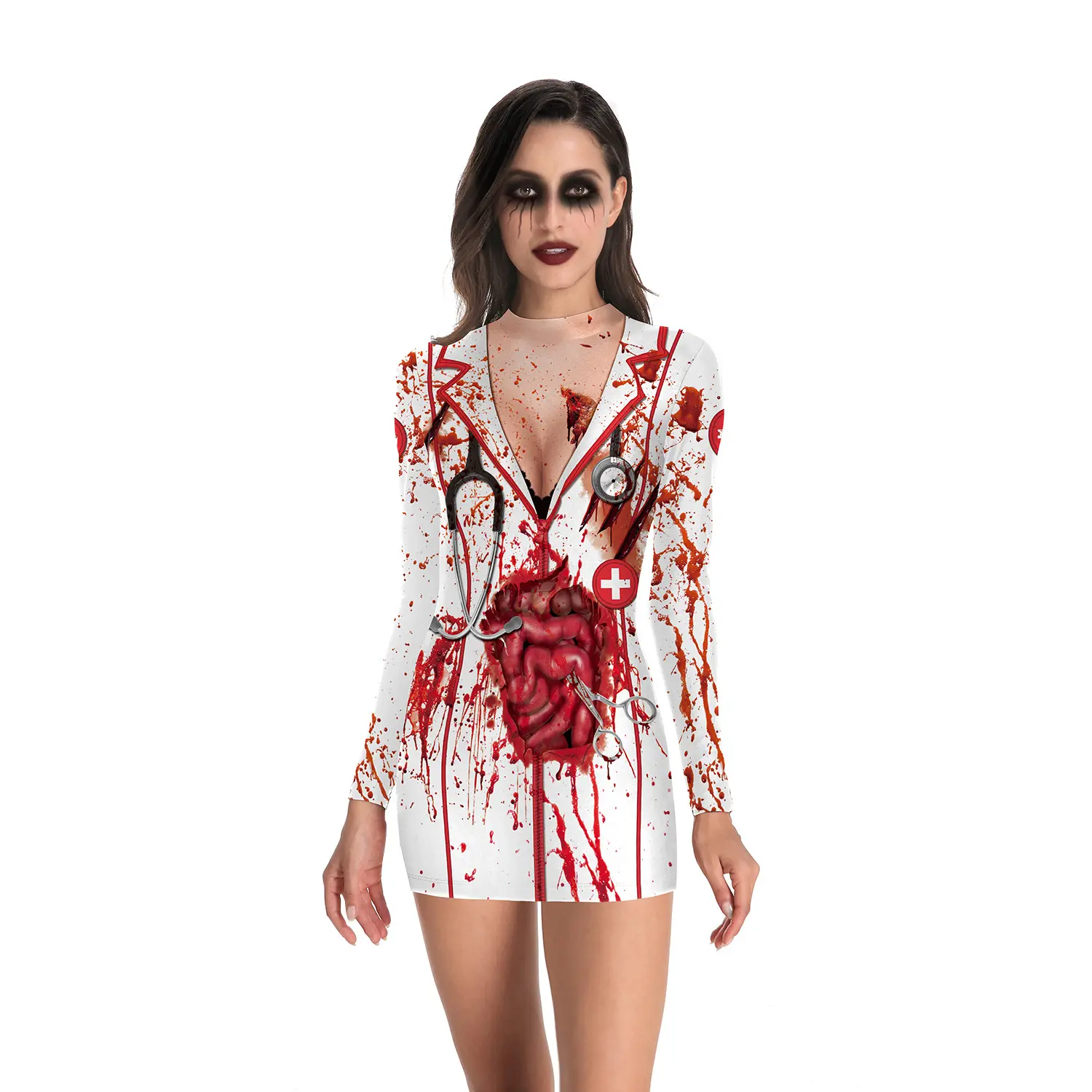Women 3D Printing Nurse Zombie Round Neck Dress Halloween Cosplay Costume Party Role Playing Make Up Outfit