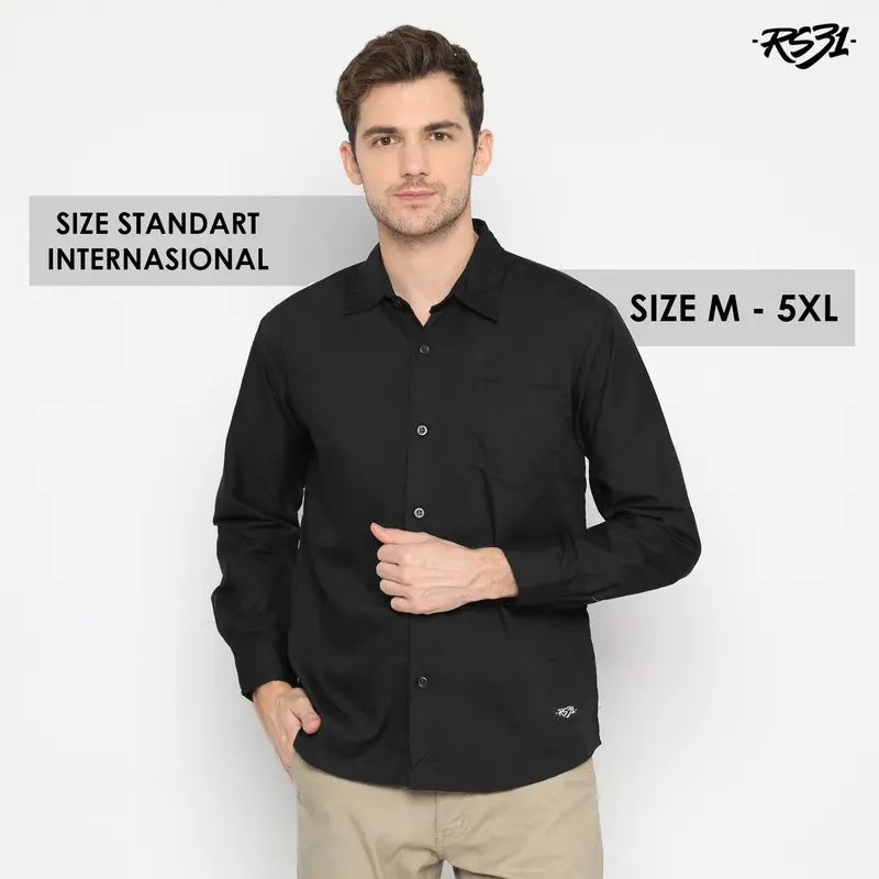 RS31 Baju Kemeja Alaska Shirt Black Basic Cowok Jumbo - Kemeja Lengan Panjang Pria Hitam Polos Super Big Size 0