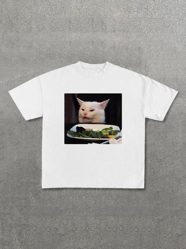 Men's Cat Print Round Neck Tee, Regular Fit Casual Short Sleeve T-shirt, Men's Summer Top for Daily Wear 0