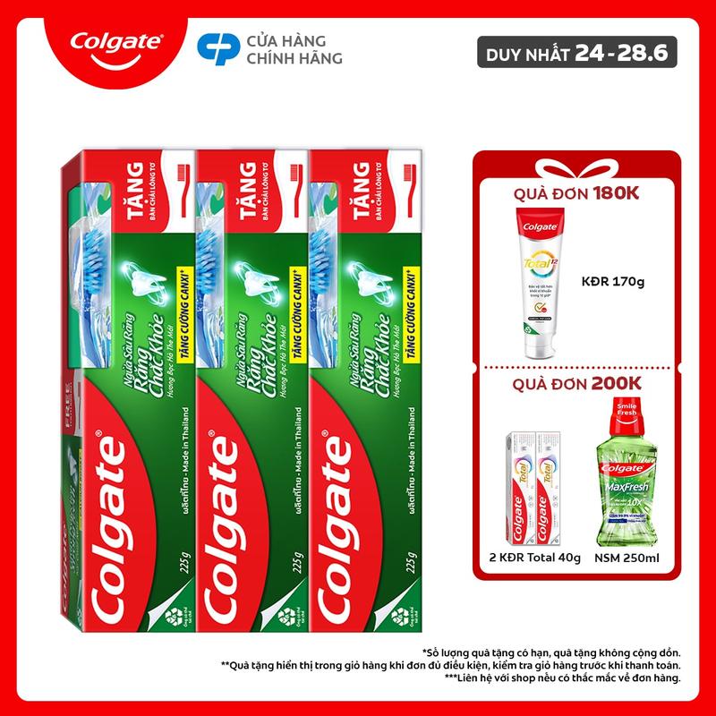 [Duy nhất 24 - 28.6] Bộ 3 Kem đánh răng Colgate hỗ trợ ngừa sâu răng răng chắc khỏe 225g/tuýp tặng bàn chải đánh răng lông tơ nhập khẩu Thái Lan