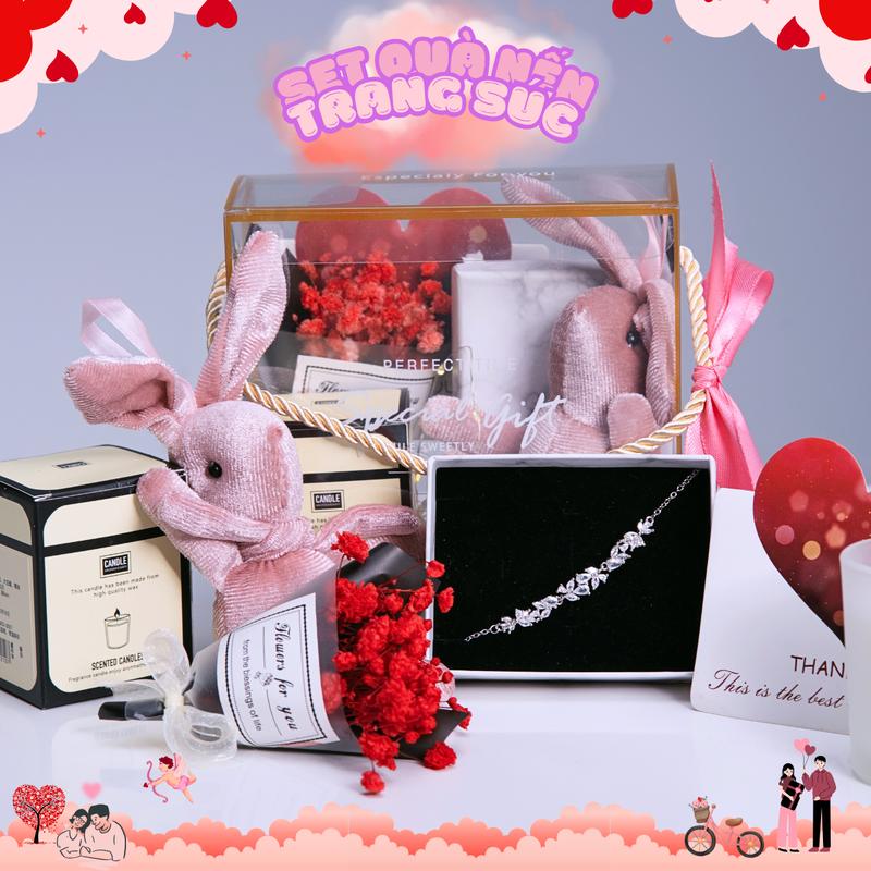 QUÀ TẶNG 20 10 Set Nến Thơm ,Gồm Nến Thơm Trang Sức Dây Chuyền Lắc Tay Móc Khoá Gấu Hoa Khô Thiệp Đèn Nháy Hộp Đựng Pocheco.