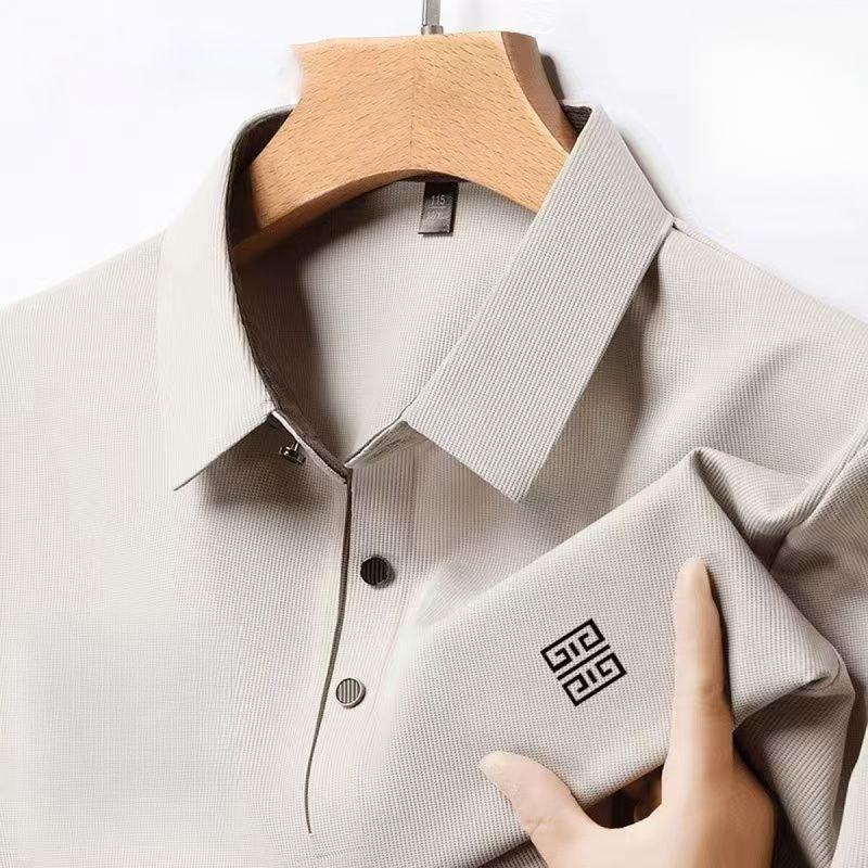 Áo Polo Lụa Lạnh Cho Nam, Hàng Có Sẵn Năm 2025, Phong Cách Công Sở Thường Ngày Cổ bẻ xuống, ngắn Tay, Màu Trơn Thiết Kế Mỏng Và Thoáng Khí, Thời Trang Và Đơn Giản, Thích Hợp Cho Mùa Hè, Hàng Mới Về Năm 2025