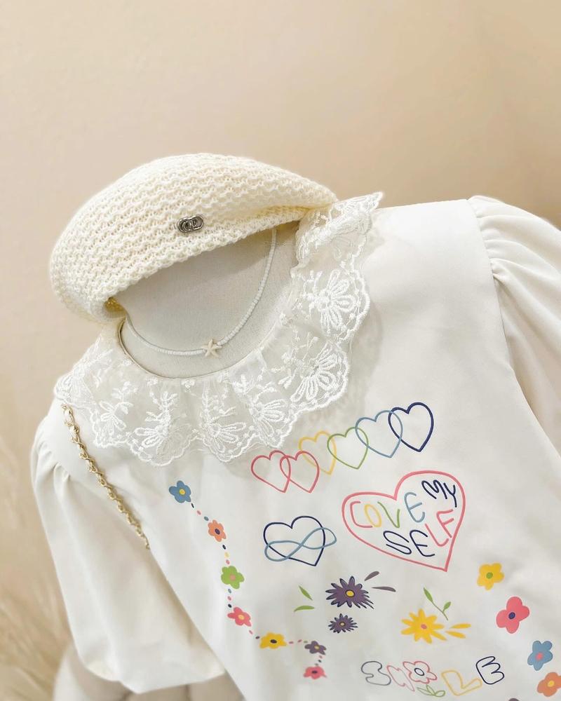 Product Introduction of Set áo linen cổ viền ren tay bồng in hoạ tiết cute phối chân váy xoè tầng cạp chun màu be mùa hè (loại 1) 21