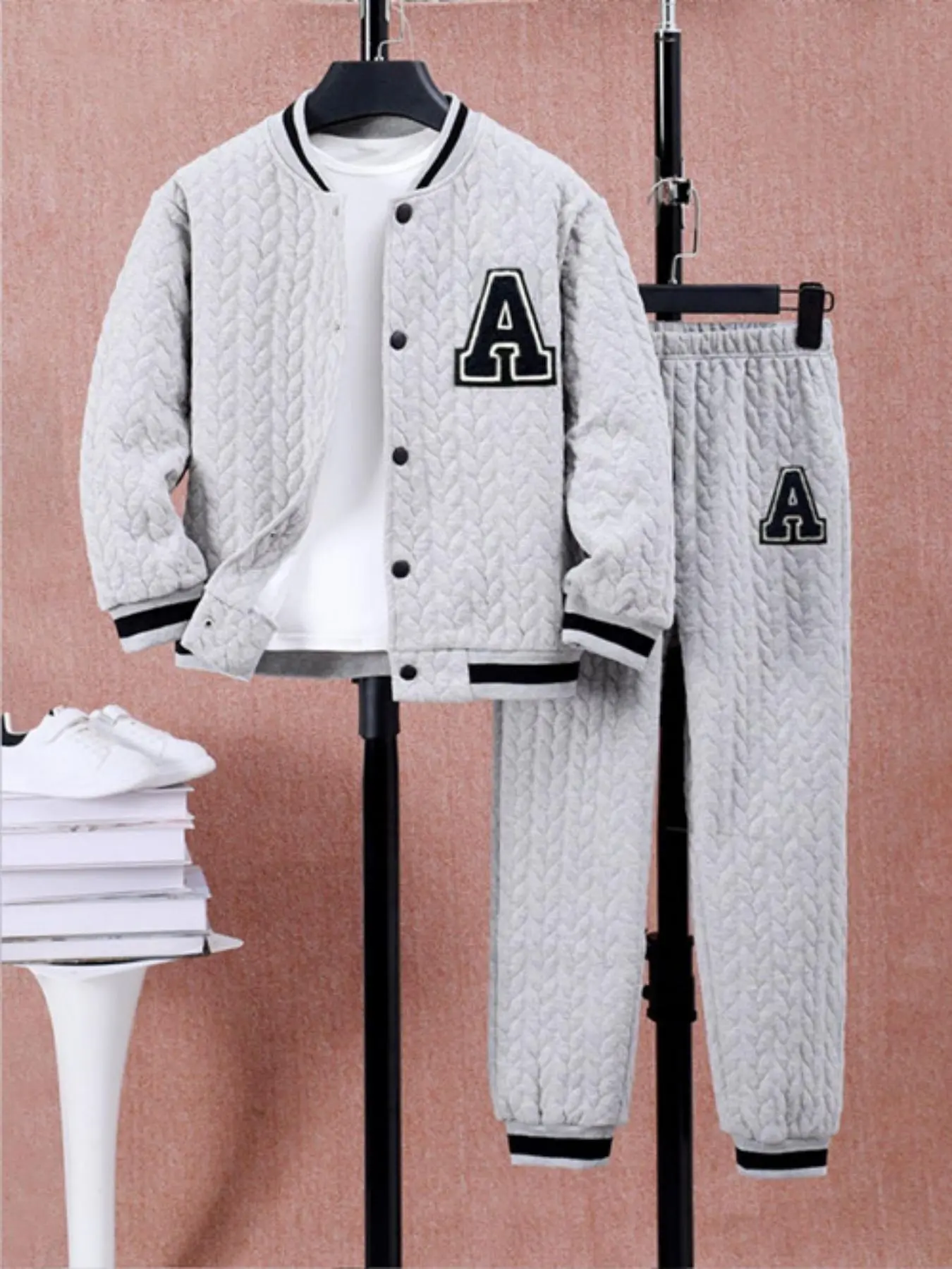 Two-piece Set Boy's Letter Print Button Front Textured  Varsity Jacket & Elastic Waist Pants Set, Casual Mock Neck Long Sleeve Outerwear & Trousers for Fall & Winter, Kids Clothes for Daily Wear