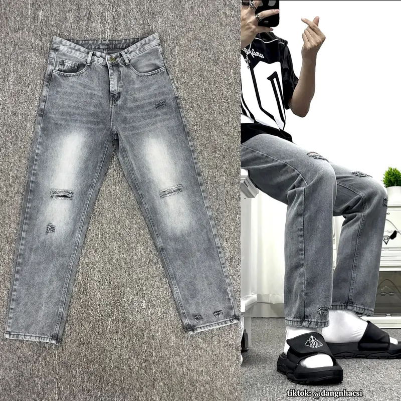 Quần Jean Nam Nữ  Màu Xám Bạc Fom Suông Ống Đứng Chất Jean Coton Mềm Mịn 3