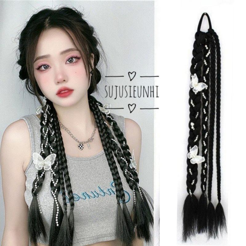 (CÓ VIDEO) 1 búi tóc giả tết sẵn 4 sợi quấn hạt có kèm kẹp tóc bướm trang trí xinh xắn dài 45cm