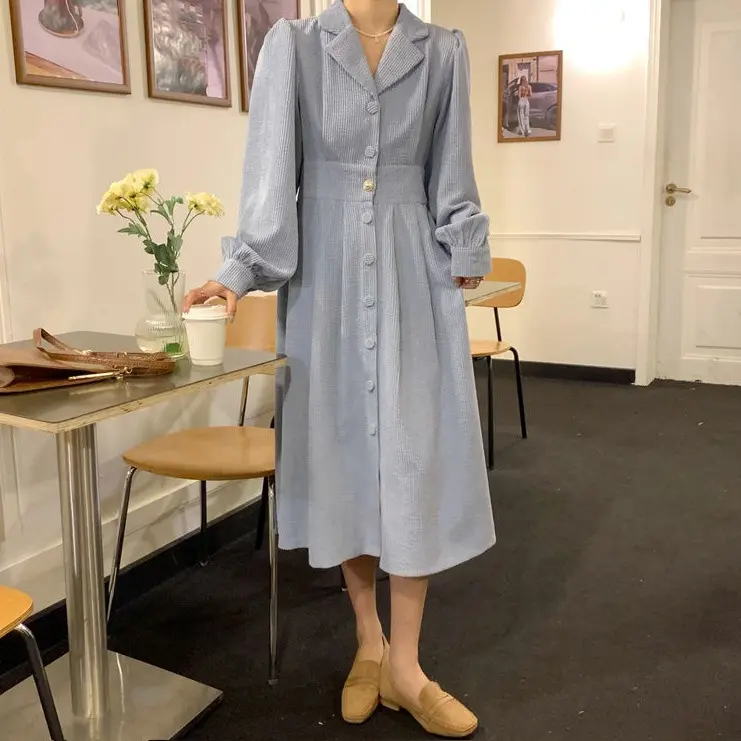Dress Korduroi Wanita Musim Gugur Gaya Korea Baru Desain Kerah Rok Panjang Manis Biru Merah Midi Putih Casual Gaun Retro Sifon Pendek Mini 7