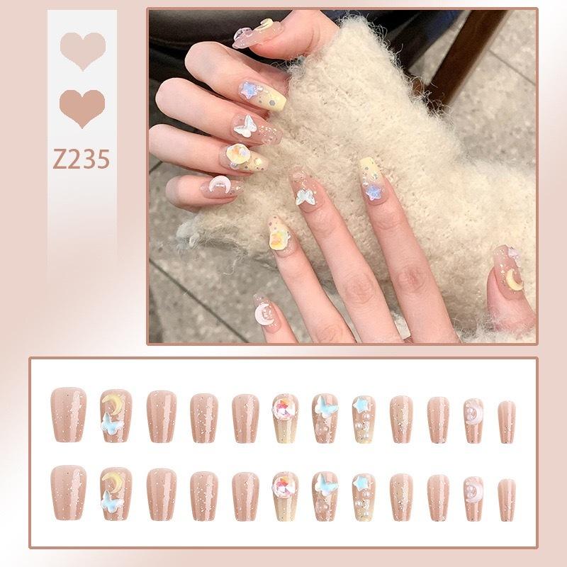 In Stock Cute Princess Fake Nails 24 Bow Design Temperament Long Nail Stickers Student Fake Nails 1
