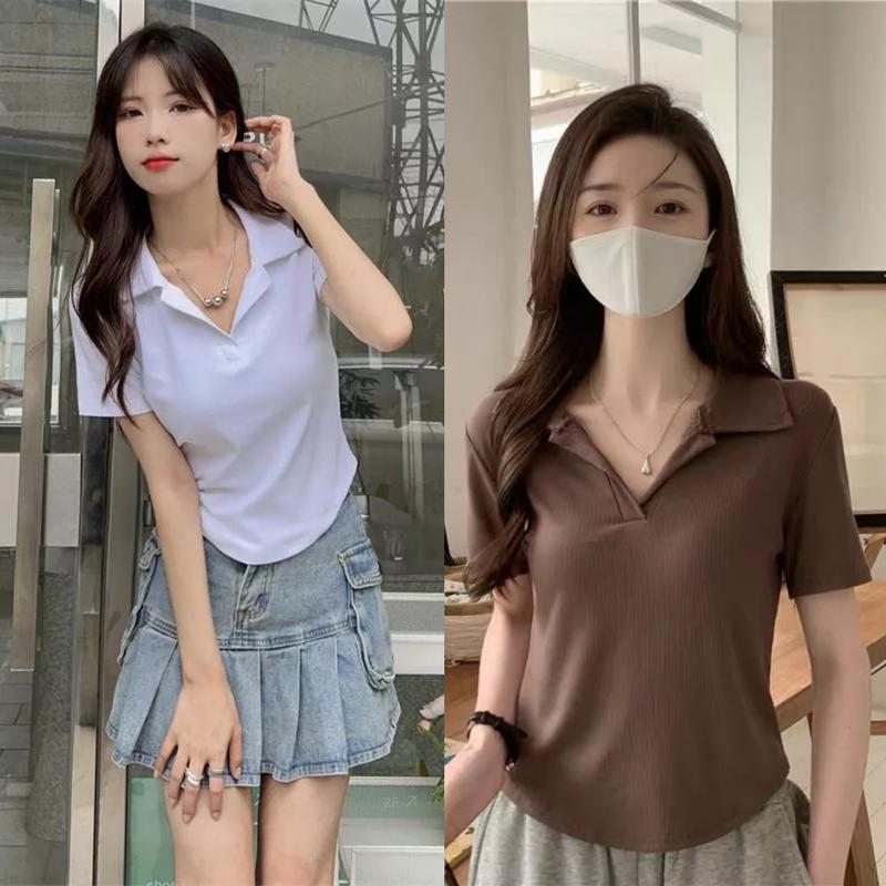 Áo thun vạt bầu ngắn tay croptop polo len tăm nữ tay ngắn  lưng cao dáng ôm thiết kế độc đáo Women Kem Trắng