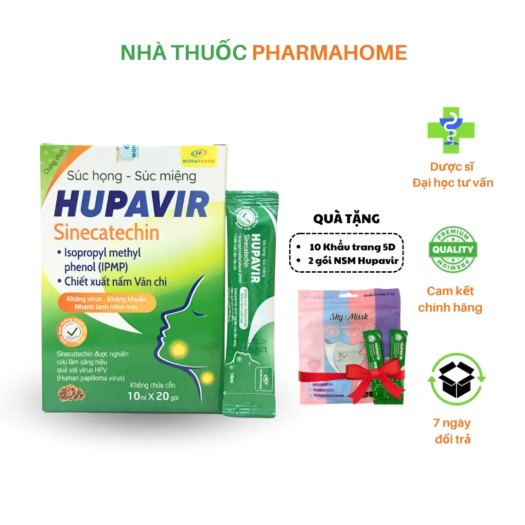 [Che tên - Tặng quà] Nước súc miệng Hupavir Sinecatechin chính hãng dạng gói nhỏ tiện lợi, hộp 20 gói x 10mL