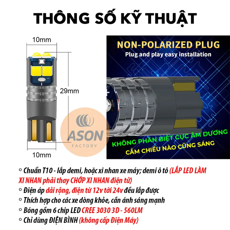 [T10-6XIN] Bóng LED CREE 3030 max sáng điện áp rộng DC12v TỚI 24v lắp demi, xi nhan 6
