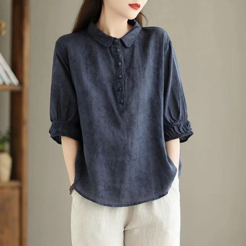 Product Introduction of Áo Sơ Mi Jacquard Lapel, Cao Cấp Nữ Mới, Sành Điệu Và Cổ Điển, Áo Sơ Mi Nữ Tay Lửng Bó Sát Che Phủ, Áo Cánh Mỏng, Phong Cách HK 6