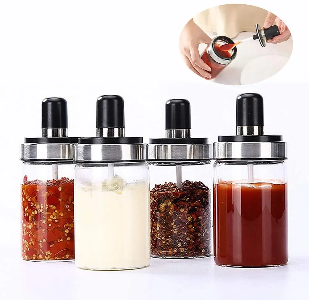 1pc 250ml Sauce Seasoning Bottle With Spoon Honey Stick Oil Brush Condiment Spice Glass Sealed Living Kitchen Household Jar