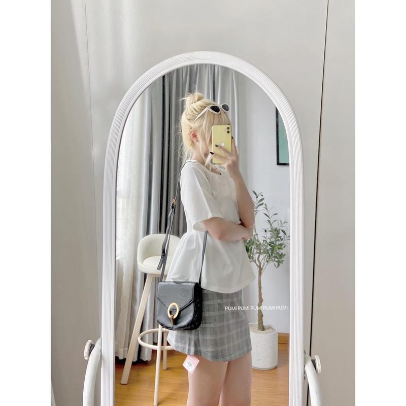 Áo kiểu baby doll peplum nữ cổ tròn tay ngắn nhiều màu freesize Pumi 15684 Women Top Kem 8