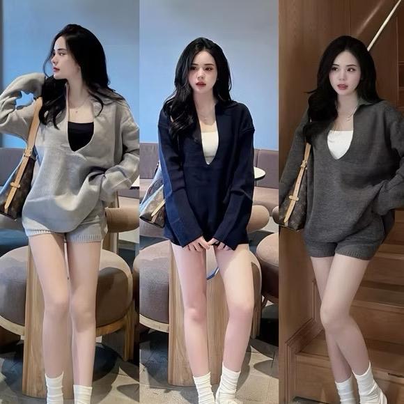 Bộ sét 3 món chất tăm lạnh dài tay cổ sâu kèm áo 2 dây . Sét 3 món Bigsize cổ Polo quần ngố có 1 túi trước Bigsize :45-90kg Nữ Women Top