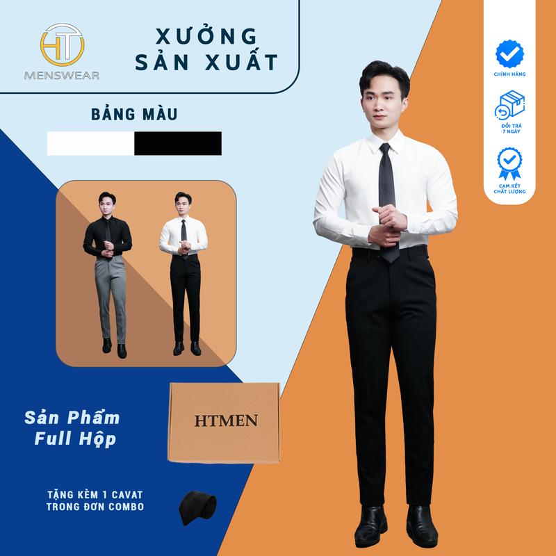 Combo áo sơ mi lụa trơn full hộp - Quần âu Vest cạp chun ẩn Luxury HTmen Cotton Menswear Jacket cho nam