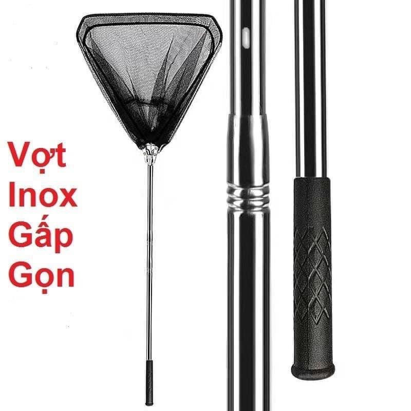 Vợt Vớt Cá Tam Giác Inox Rút, Gấp Gọn Lưới Mùng Lỗ 5mm Đi Câu Fishing