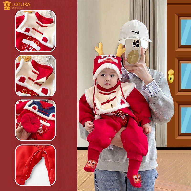 Body Dài Tay Nỉ Bông Tết Tài Lộc 2024 Phối Lông Cừu Ấm Áp Cho Bé, Bodysuit LOTUKA Cho Bé Trai Bé Gái, Quần Áo Trẻ Em