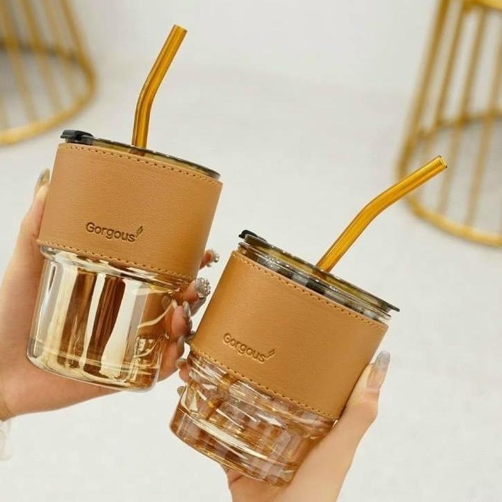 Cốc thủy tinh bọc da có nắp kèm ống hút Ly thuỷ tinh GorGous bọc da sang chảnh chống bỏng pha sữa cafe 450ml