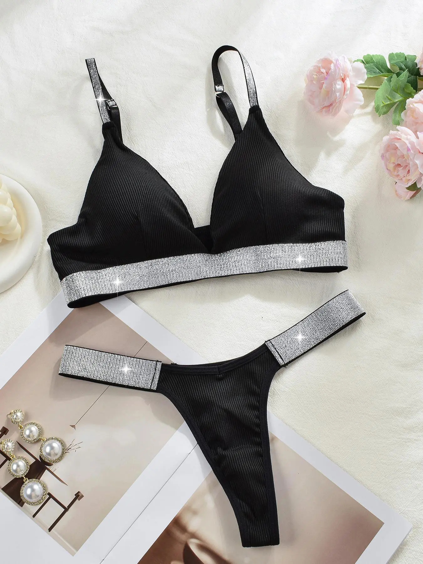 Women's Glitter   Push Up Bra & Panty Two-piece Set, Comfy Breathable Underwear Set for Daily Wear, Lingerie Set for Women