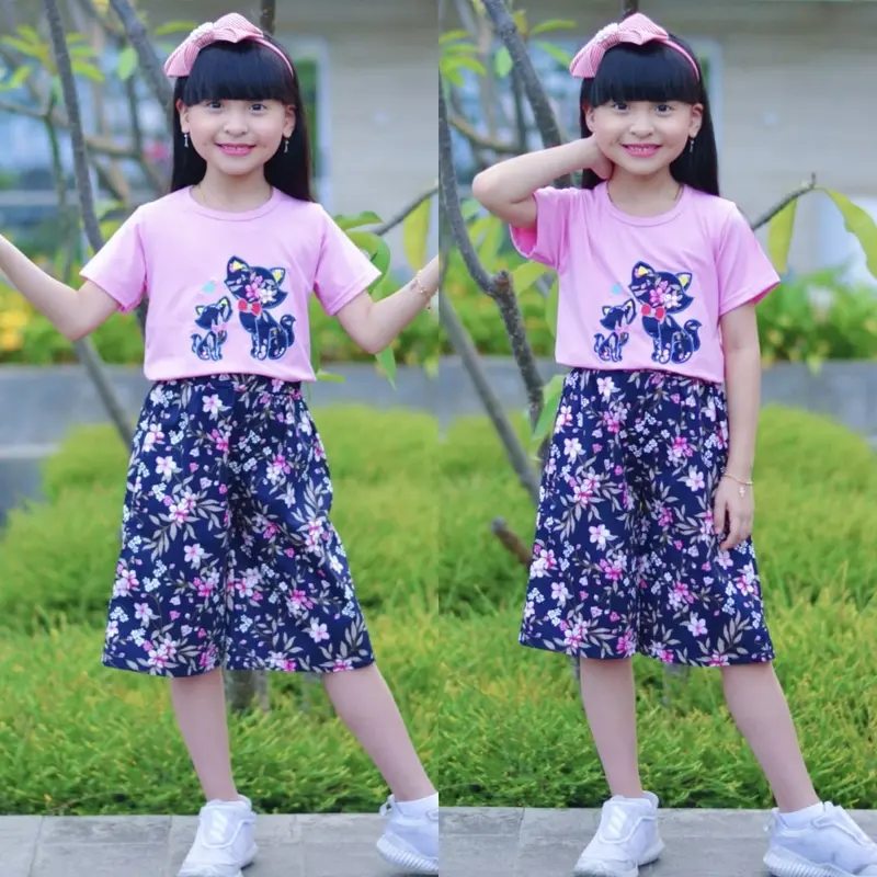Setelan Baju Kitty dan Kulot Bunga-Bunga Anak Perempuan Umur 4-11 Tahun Bordir Celana 1