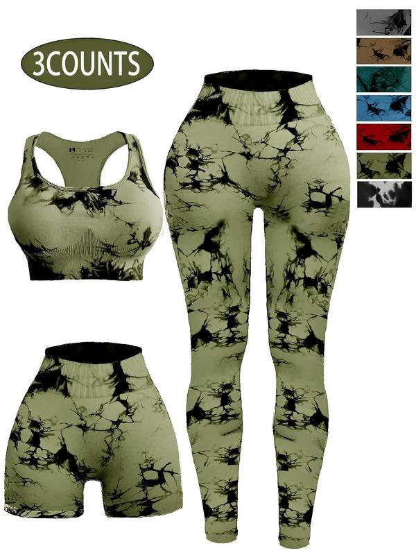 Women's 3pcs Tie Dye Print Ruched Sports Bra & High Waist Leggings & Skinny Shorts Tracksuit Set, Sleeveless Straps Top & High Stretch Seamless Yoga Pants & Shorts Fitness 2