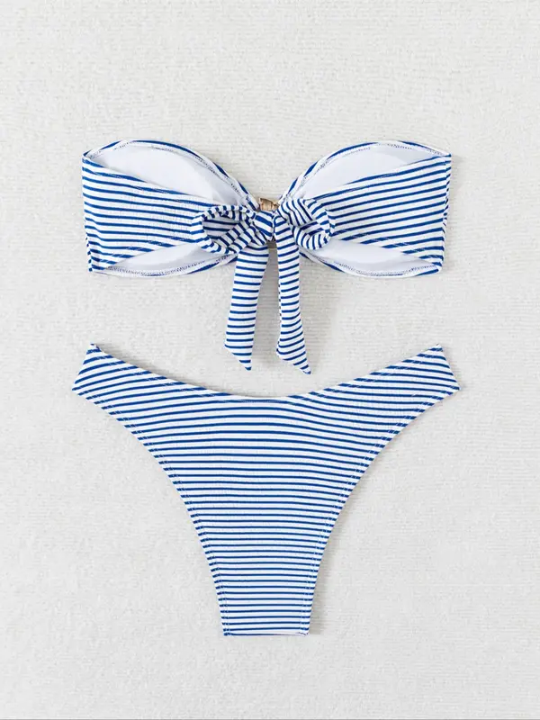 Women's Striped Print Bikini Set, Casual Fashion Chic Swimwear Set for Beach Holiday Vacation, Ladies Swimsuit for All Seasons, Swimsuit for Women, Bikinis Sets, Bikini Outfits, Summer Beach Bikini, Swimsuit Style Bandeau Bathing Suit, Summer Swimsuit Set 1