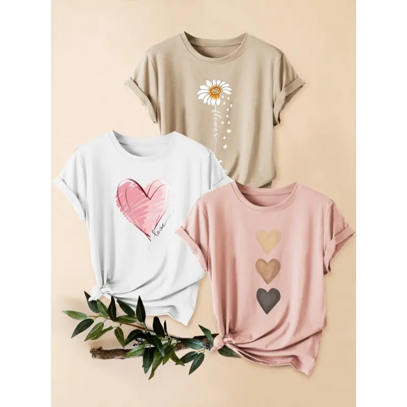 3-Pack Women's Vintage Daisy & Heart Print T-Shirts - Soft Stretch Round Neck Short Sleeve Tees for Gym, Training & Casual Wear - Machine Washable Spring Summer Fall Tops in Red, Orange, White, Seasonal Fashion | Nontransparent Material