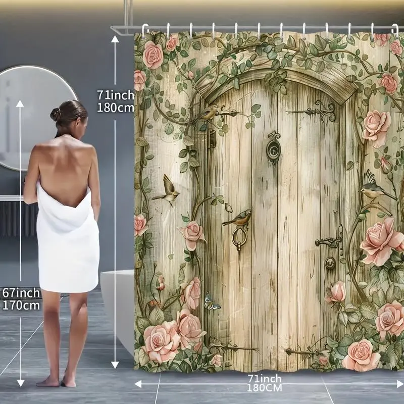 Rose Secret Door Pattern Bathroom Decorations, 4 Counts/set Including Shower Curtain & Toilet U-shape Mat & Bathroom Mat & Toilet Lid Cover, Bathroom Accessories 5