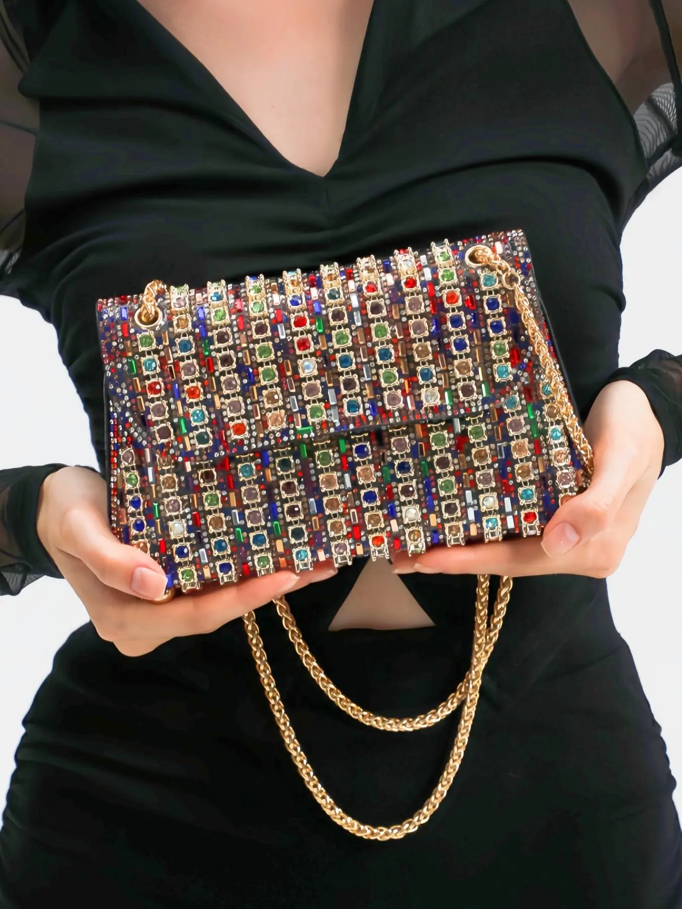 Women's Colorblock Rhinestone Decorated Crossbody Bag, Fashionable Chain Strap Shoulder Bag for Daily Commute, Casual Trendy Versatile High-quality Daily Commuting Bag, Purse