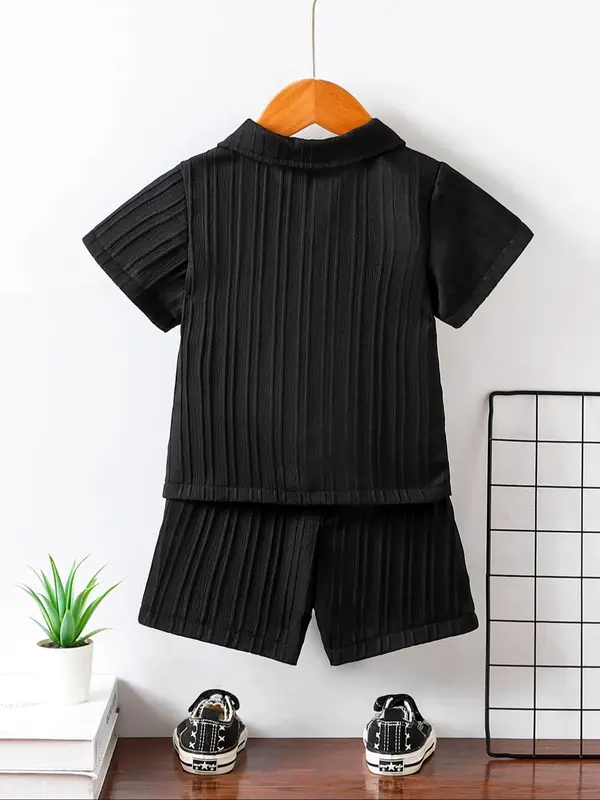 Two-Piece Set Toddler Boy's Solid Short Sleeve Shirt & Elastic Waist Shorts, Casual Summer Clothes for Kids, Little Boys 1