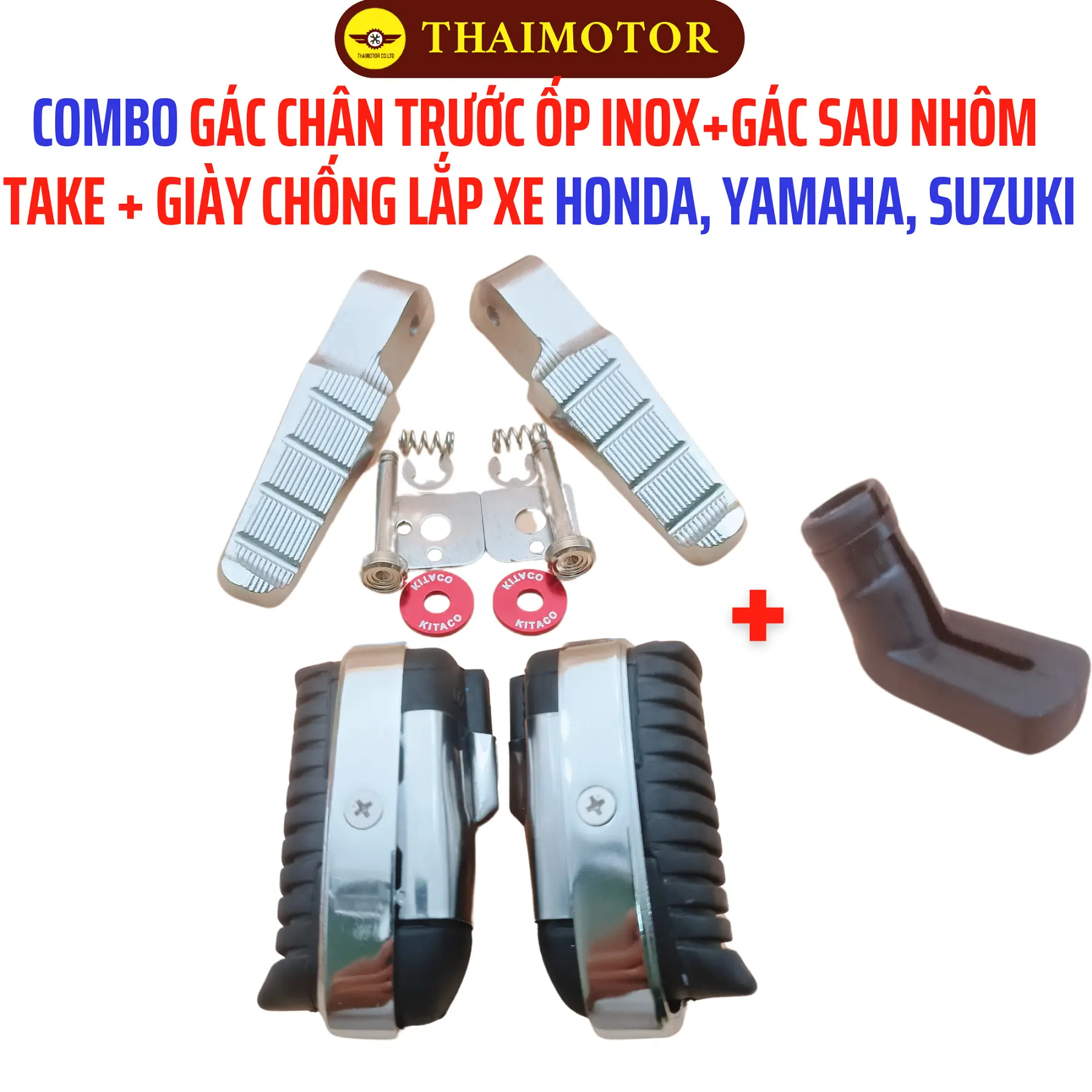 Combo Gác chân trước inox, gác chân sau nhôm Take, giày chống nghiêng - Phụ tùng xe Honda, Yamaha, Suzuki bền đẹp