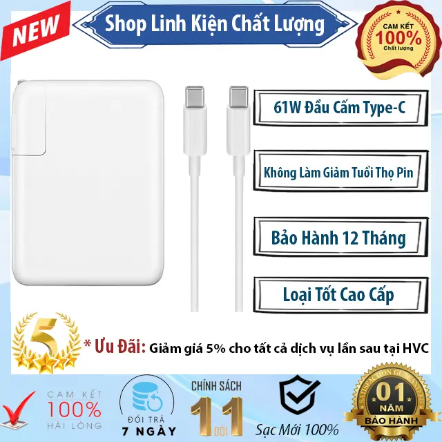 Bộ Sạc Máy Tính Pro 13 Inch Model A2289 Công Suất 61W Chuẩn Đầu Cắm USB Type-C