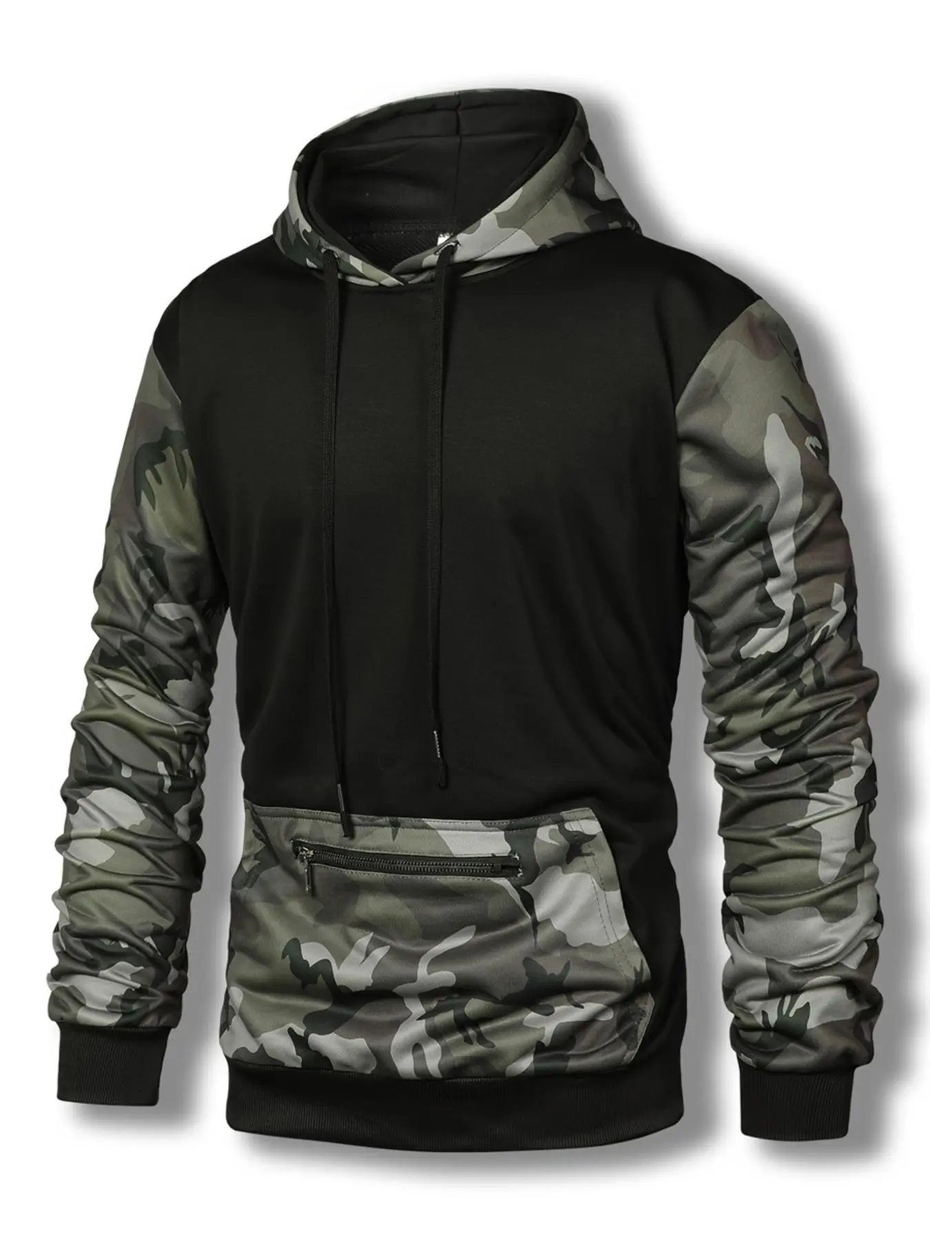 Men's Patchwork Camo Print Drawstring Hoodie, Regular Fit Casual Pocket Hooded Sweatshirt for Daily Wear, Men's Clothes for All Seasons