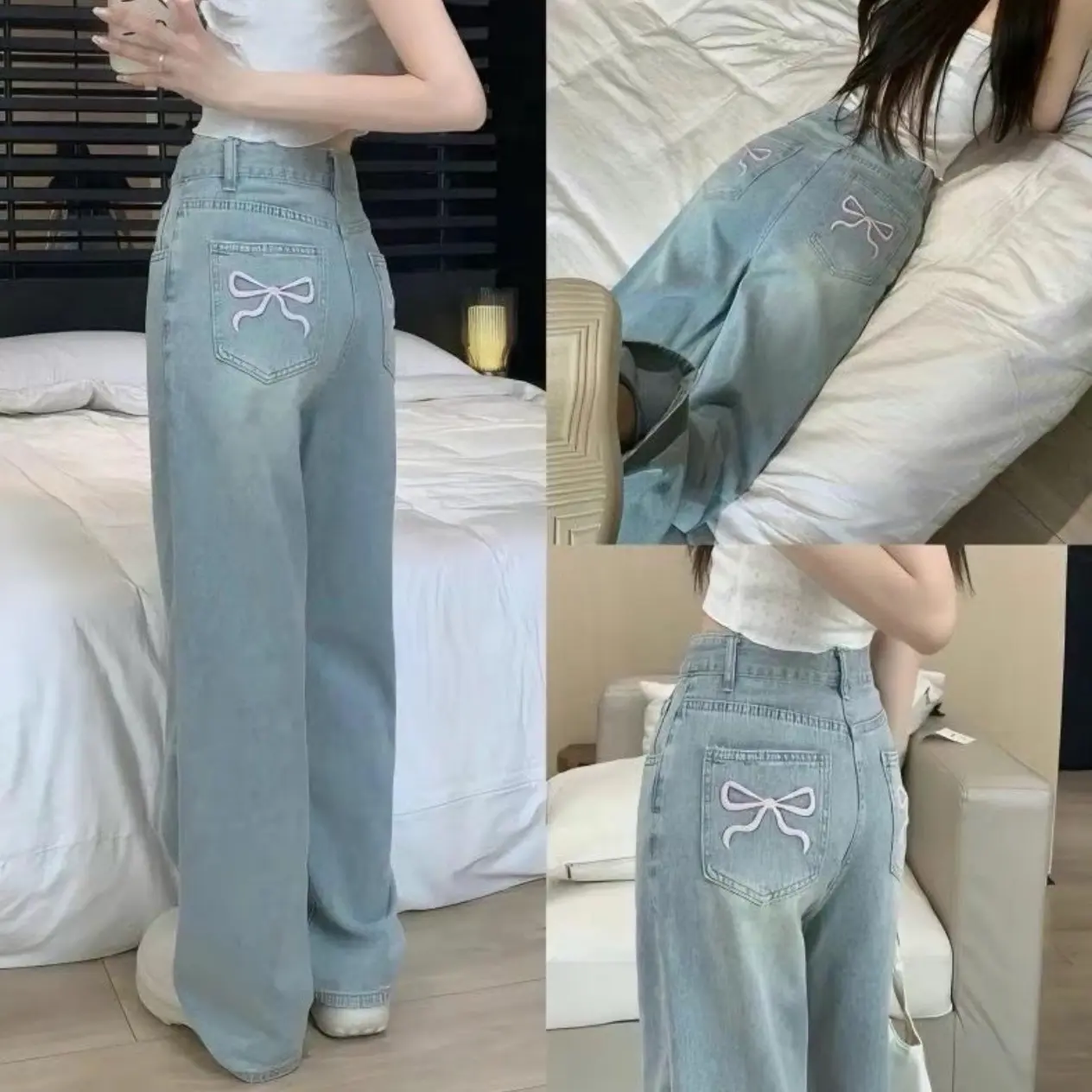 Quần suông ống rộng, thêu nơ hồng