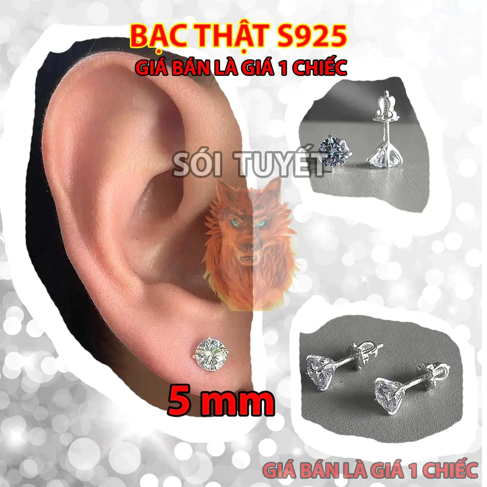 Khuyên tai nam bạc 925 kiểu Khuyên tròn vuông đính đá giá rẻ - Bông tai nam bạc thật 925 | Sói Tuyết STJ 115