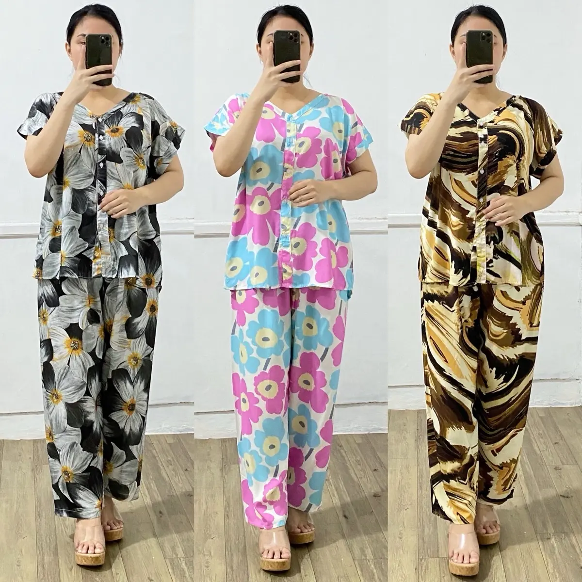 Oneset vneck celana panjang wanita LD110 bahan katun rayon | setelan kancing wanita lengan pendek celana panjang nyaman motif viral