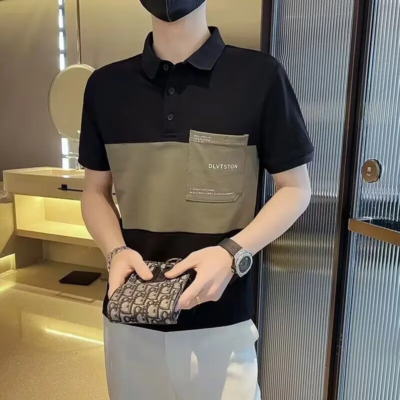 Áo Polo Nam, ngắn Tay, Dáng Ôm, Cổ Áo bẻ xuống, Tay Lửng Màu Khối, Thiết Kế Túi, Hợp Xu hướng, Phong Cách Mùa Hè, Trang Phục Nam 3