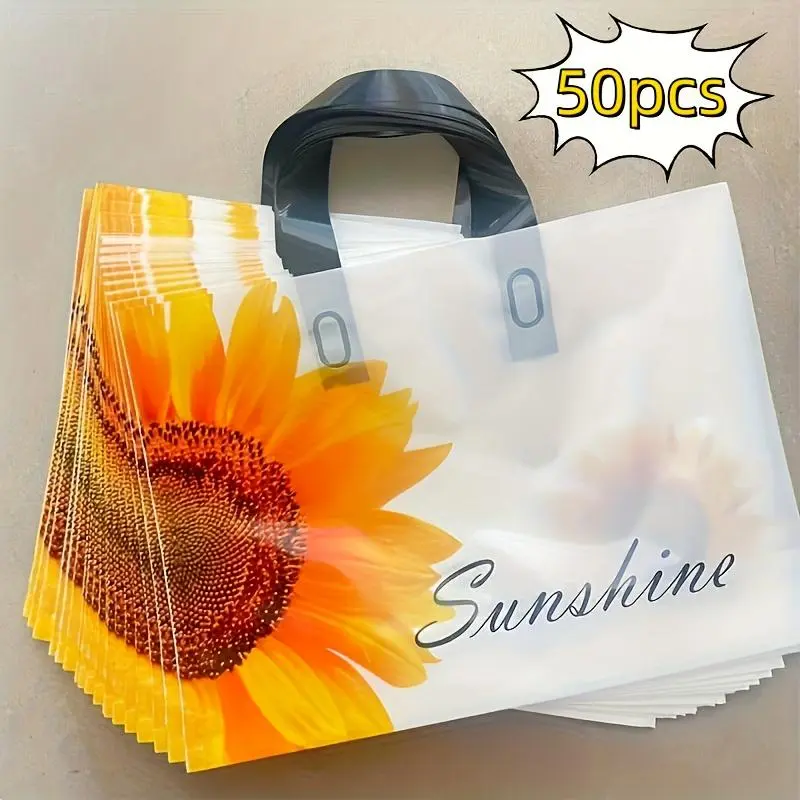 Sunflower Pattern Gift Bag, 50pcs Reusable Plastic Tote Bag with Handle, Gift Packaging Supplies for Wedding, Birthday, Baby Shower, Holiday Decorations 0