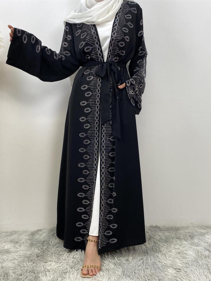 Product Introduction of Women's Rhinestone Decor Open Front Belted Abaya without Hijab, Modest Long Sleeve Outerwear for All Seasons, Arabic Clothing for Women 15