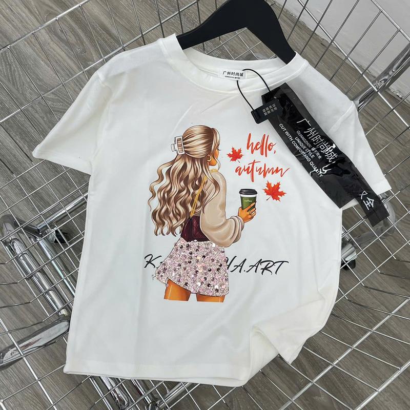 Áo thun cổ tròn freesize hình cô gái cầm cốc coffe vạt bằng mã B84