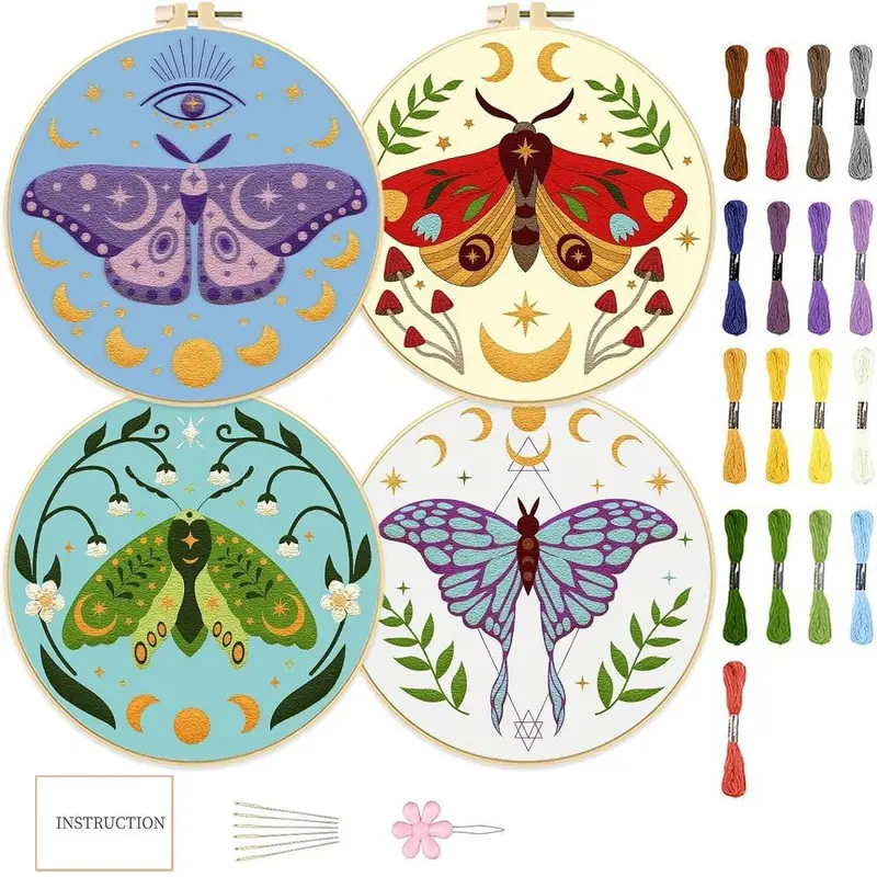 Butterfly Pattern Embroidery Kit, 4 Counts/set DIY Embroidery Cloth Kit with Random Color Tools, Embroidery Supplies for Beginners & Handmade Lovers 0