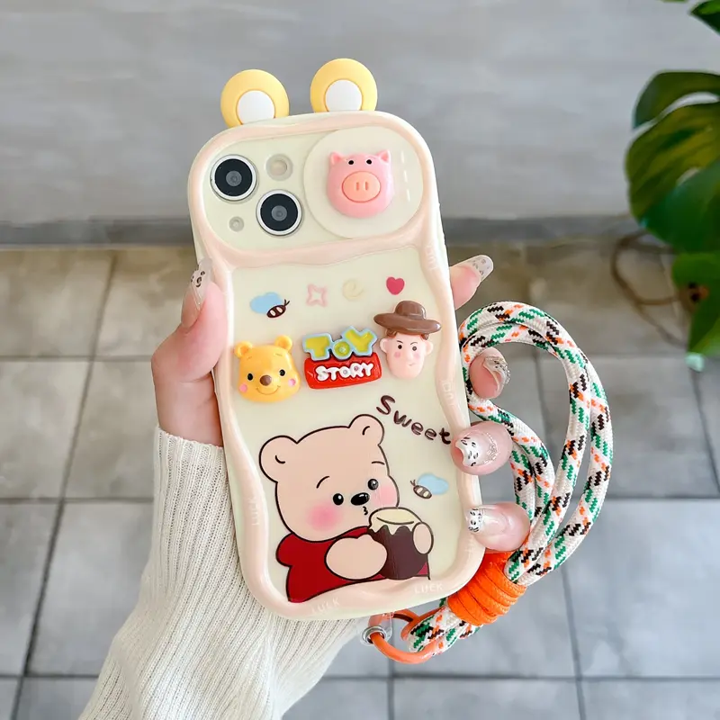 Cartoon Lovely Winnie the Pooh Lotso Mobile Phone Case with Movable Camera Lens Protector For iPhone 16 Pro Max 15 Pro Max 14 Pro Max Plus Soft Phone Back Cover for iPhone 11 12 13 Pro Max Back Shell