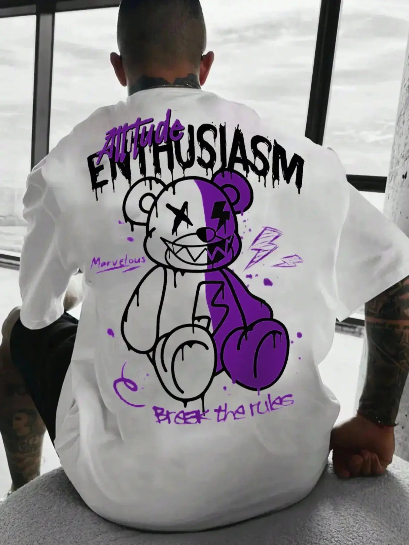 Men's Cartoon Bear & Letter Print Drop Shoulder Graphic Tee, Regular Fit Casual Street Soft Comfy Summer Y2K Round Neck Half Sleeve T-Shirt for Summer, Menswear for Daily Back To School Wear