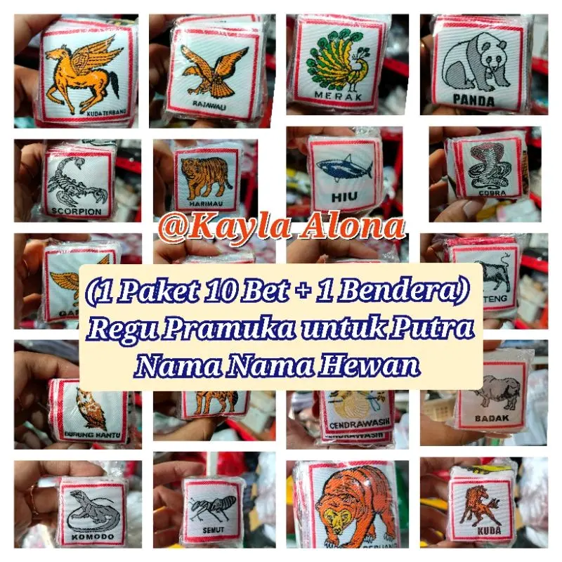 ( 1 Paket = isi 10 Bet + 1 Bendera Regu )REGU PRAMUKA Nama² HEWAN ( WOVEN )