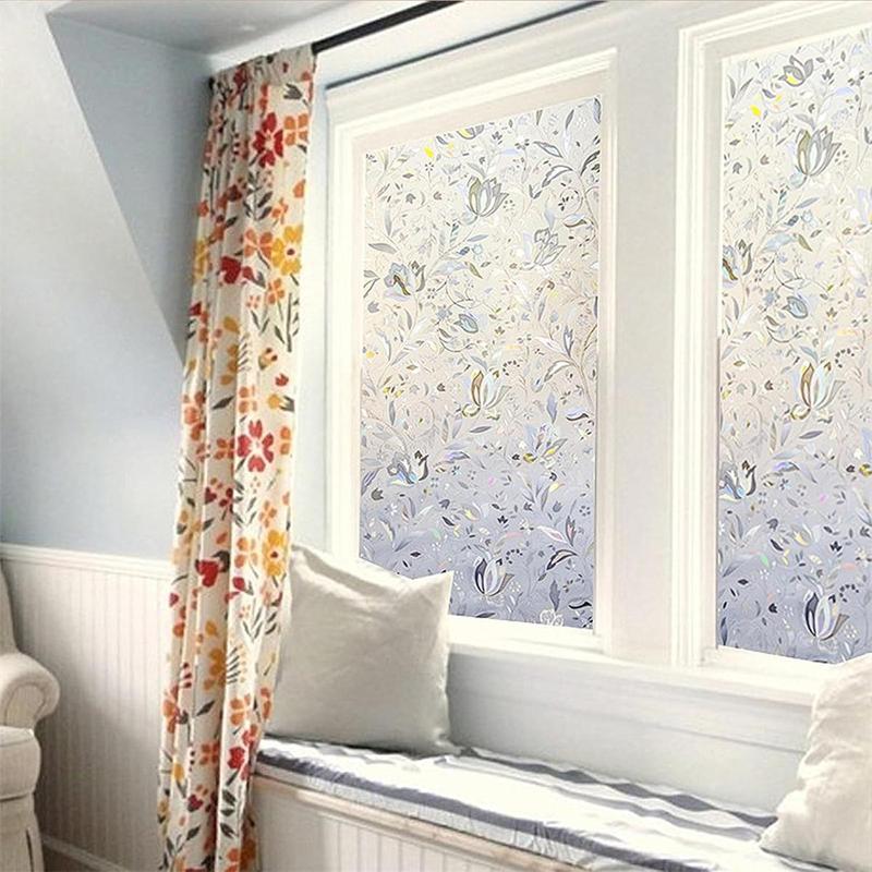 Tulip Pattern Window Film, 1 Roll Decorative Window Privacy Film, 3D Stained Glass Window Sticker, Anti-UV Sun Blocker Heat Control for Home, Ornaments 6