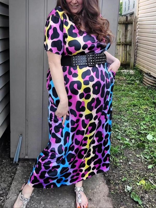 【Plus Size】 All Over Print Round Neck Dress, Casual Short Sleeve Dress for Summer, Women's Plus Clothing for Daily Wear 2