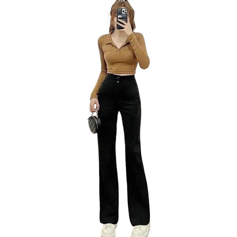 98cm- Túi trước Quần ống đứng loe nhẹ cạp cao 2 cúc cho khách nữ cao từ m58- mét70 dài 98cm Women Pants Màu Đen Ong
