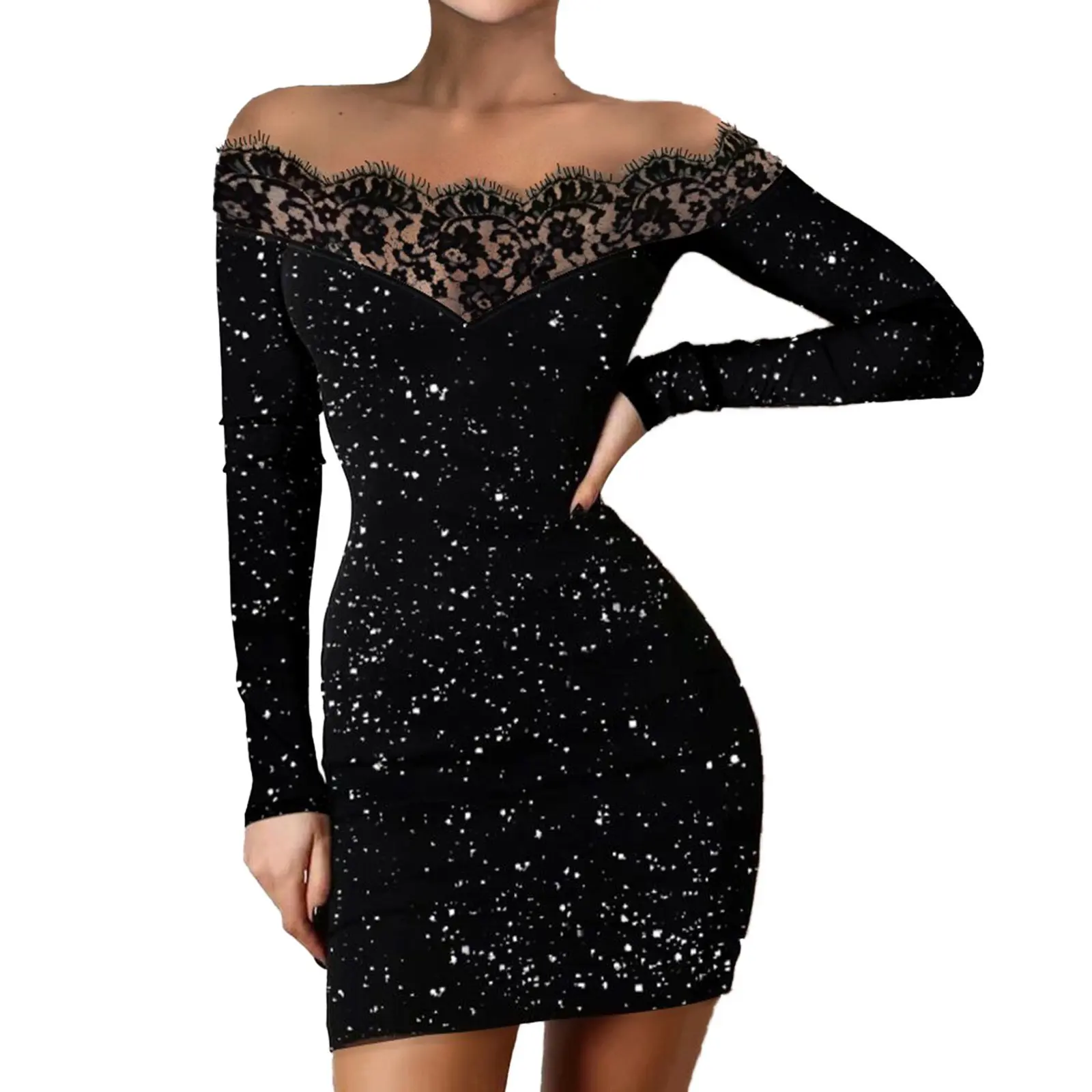 Foil Print Bodycon Evening Elegance Off-Shoulder Metallic Black Cocktail  Dress Formal Elegant Chic Glitter Womenswear Lingerie Longsleeve Sparkly  Cotton - TikTok Shop Philippines