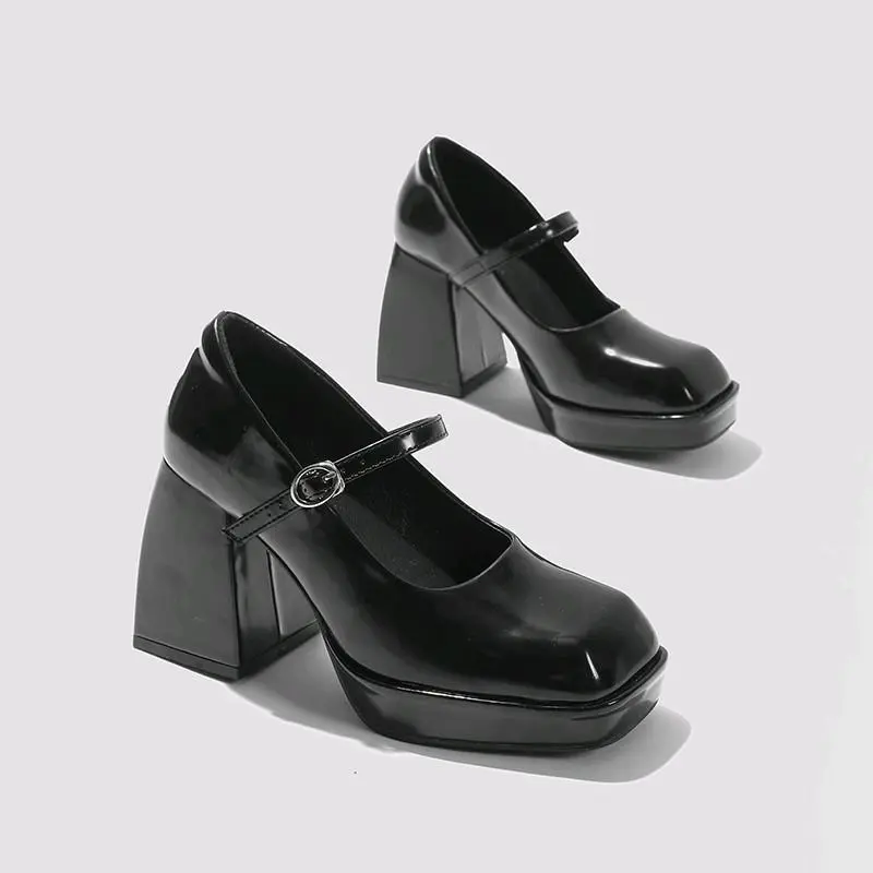 [Phúc Minh.] Giầy Cao Gót Nữ 10 Phân Quai Hậu Khóa Cài Chất Liệu Da Bóng Mềm Mũi vuông (PHOM RỘNG) Shoes Guốc Jean GiàY